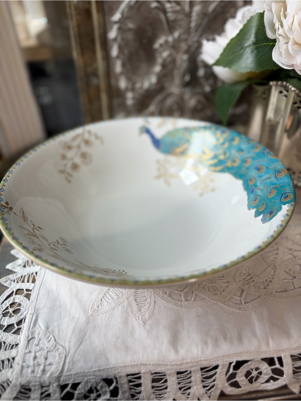 222 Fifth Peacock Garden white blue ceramic serving bowl 10 inch nwt